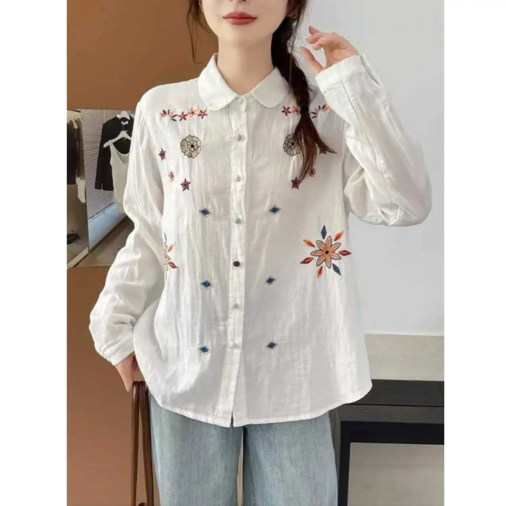 

Японские милые хлопковые рубашки с цветочной вышивкой для девочек Mori, женские осенние повседневные свободные блузки с отложным воротником и длинными рукавами, топы