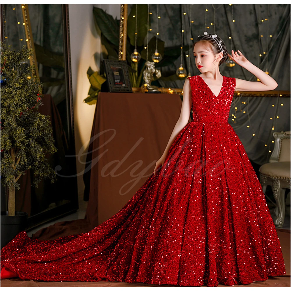 

Wine Red Puffy Dresses For Girls Ball Gown Prom Red Sequins Flower Girl Dresses For Wedding Kids Elegant Communion Dresses Girl