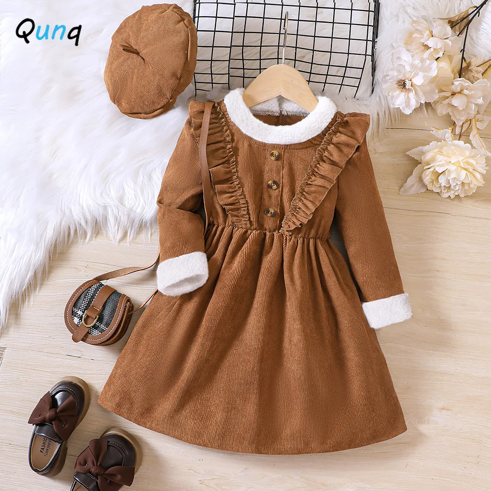 Qunq 2023 Autumn Winter New Girls Solid Corduroy Patchwork Plush Ruffled Dress + Cap 2 Pieces Set Casual Kids Clothes Age 3T-8T