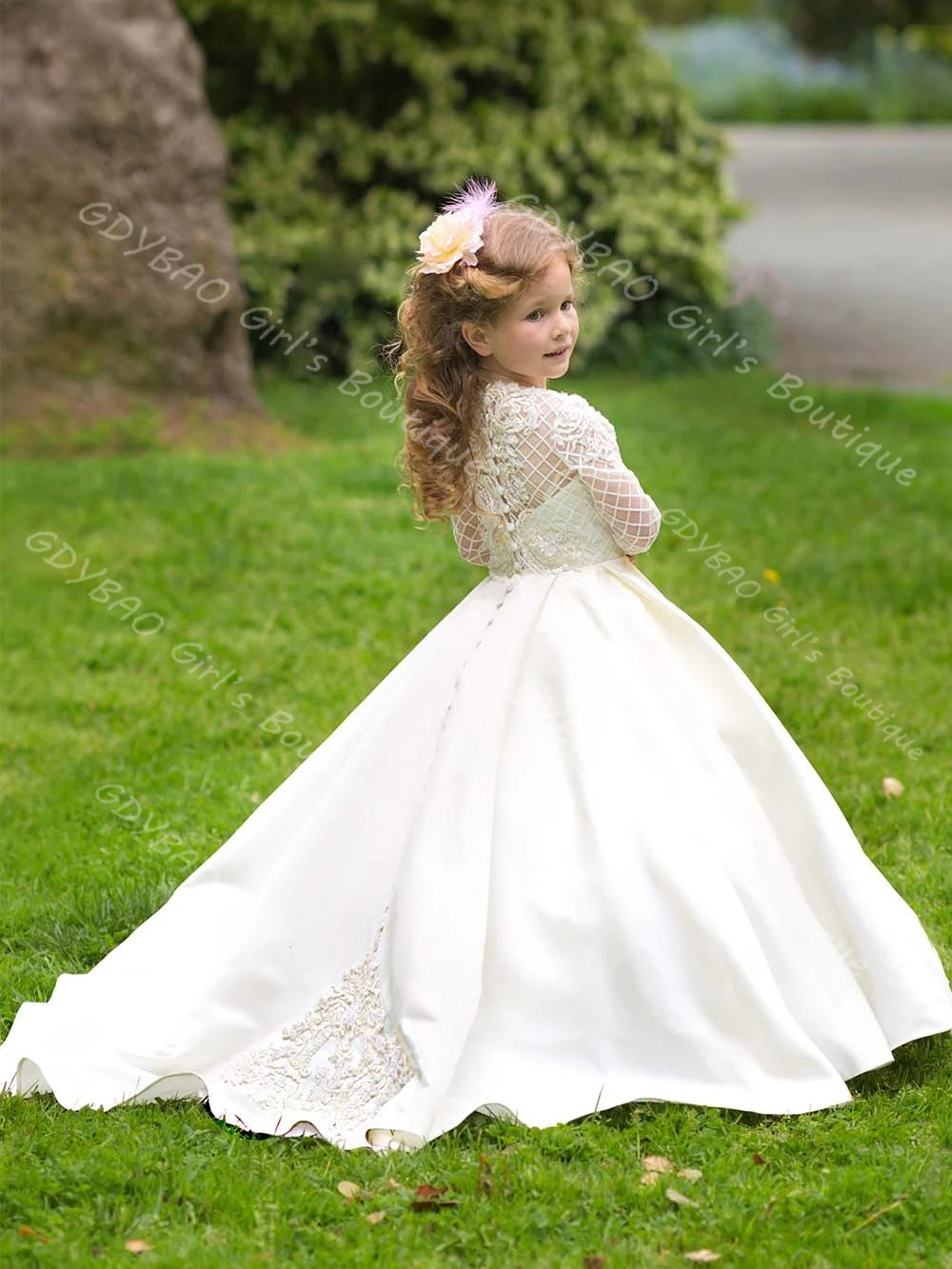 robe-de-ceremonie-blanche-ivoire-pour-demoiselles-d'honneur-manches-longues-dentelle-appliquee-satin-robe-de-bal-pour-concours-communion-anniversaire-sur-mesure