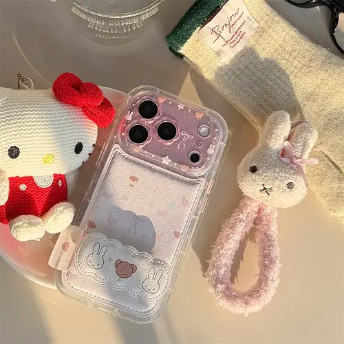 Kawaii Bear Rabbit Phone Case with Stand for iPhone 16 Pro 15 13 14 17 Pro Max Cases With Plush Pendant Cartoon Fundas Cute Case - Image 2