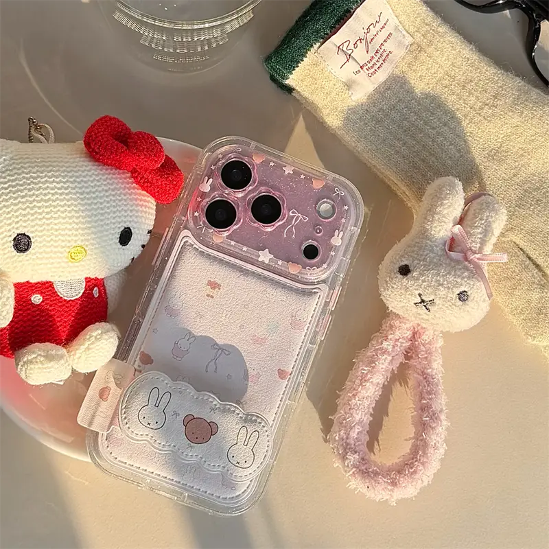 Kawaii Bear Rabbit Phone Case with Stand for iPhone 16 Pro 15 13 14 17 Pro Max Cases With Plush Pendant Cartoon Fundas Cute Case - Image 2