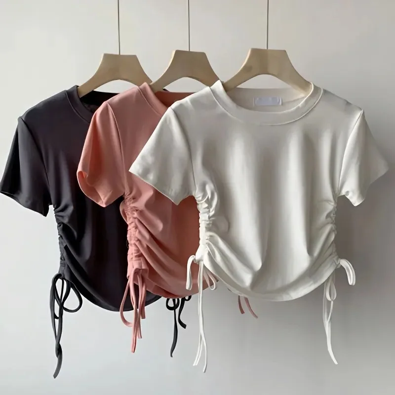 Solid O-neck T-shirts Women Summer Shirring Lace-up Design Slim Abdomen Simple Fashion All-match Ins Chic Korean Style Cozy Fit