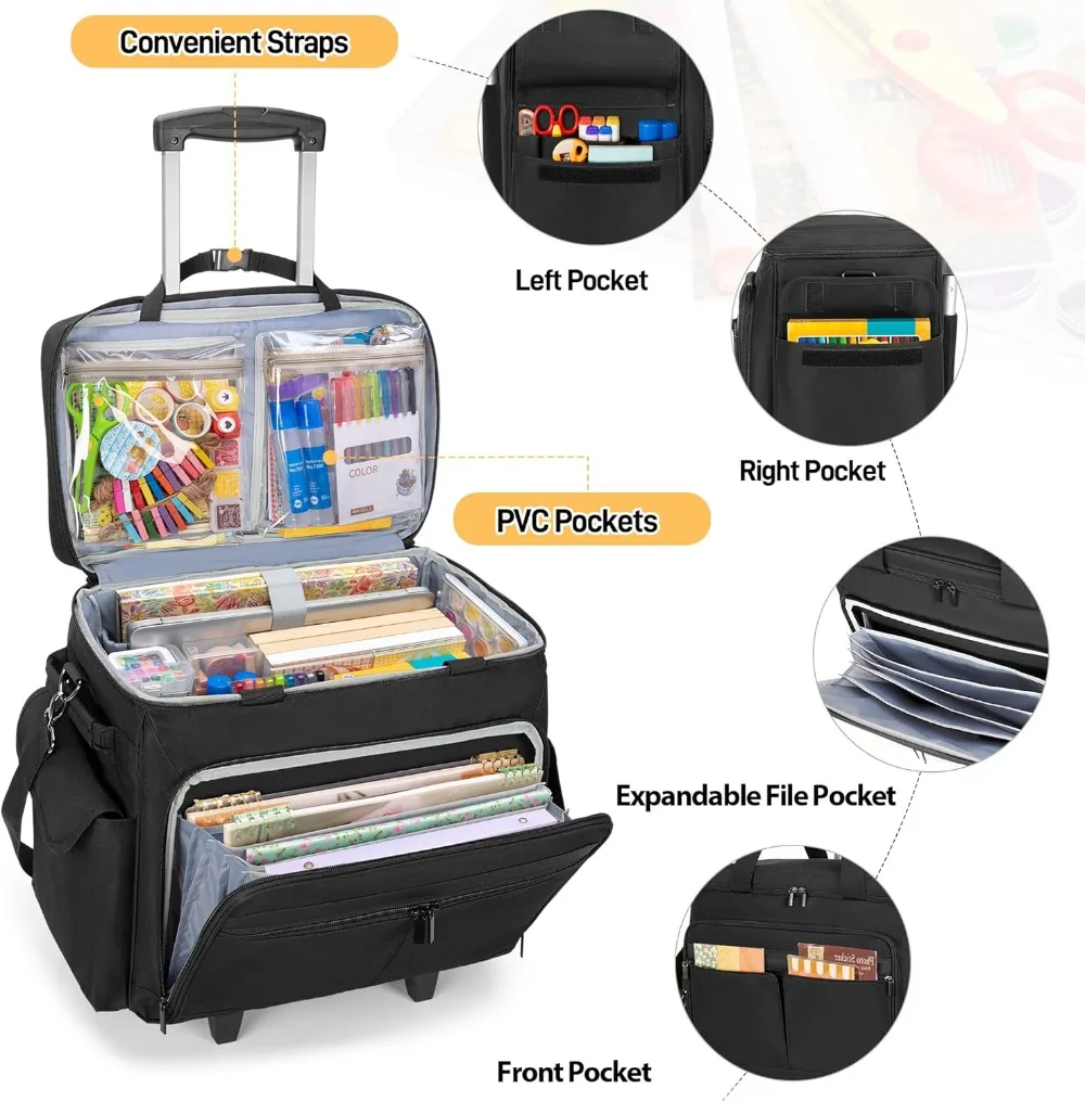 Rolling Scrapbook Tote with Expandable File Pocket, Large Craft Organizer, Detachable Trolley for Art Supplies view 3