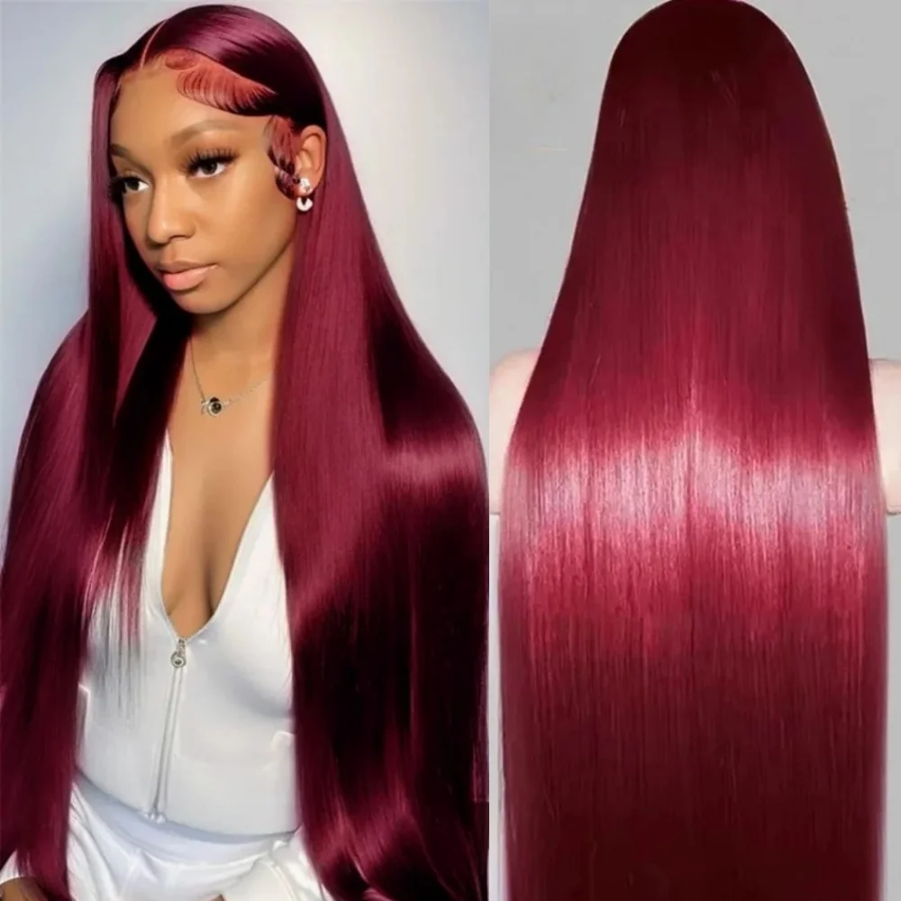 

Burgundy 13x4 HD Lace Frontal Bone Straight Wig Long Straight Red Transparent Lace Front Glueless Wigs 99J Colored For Women