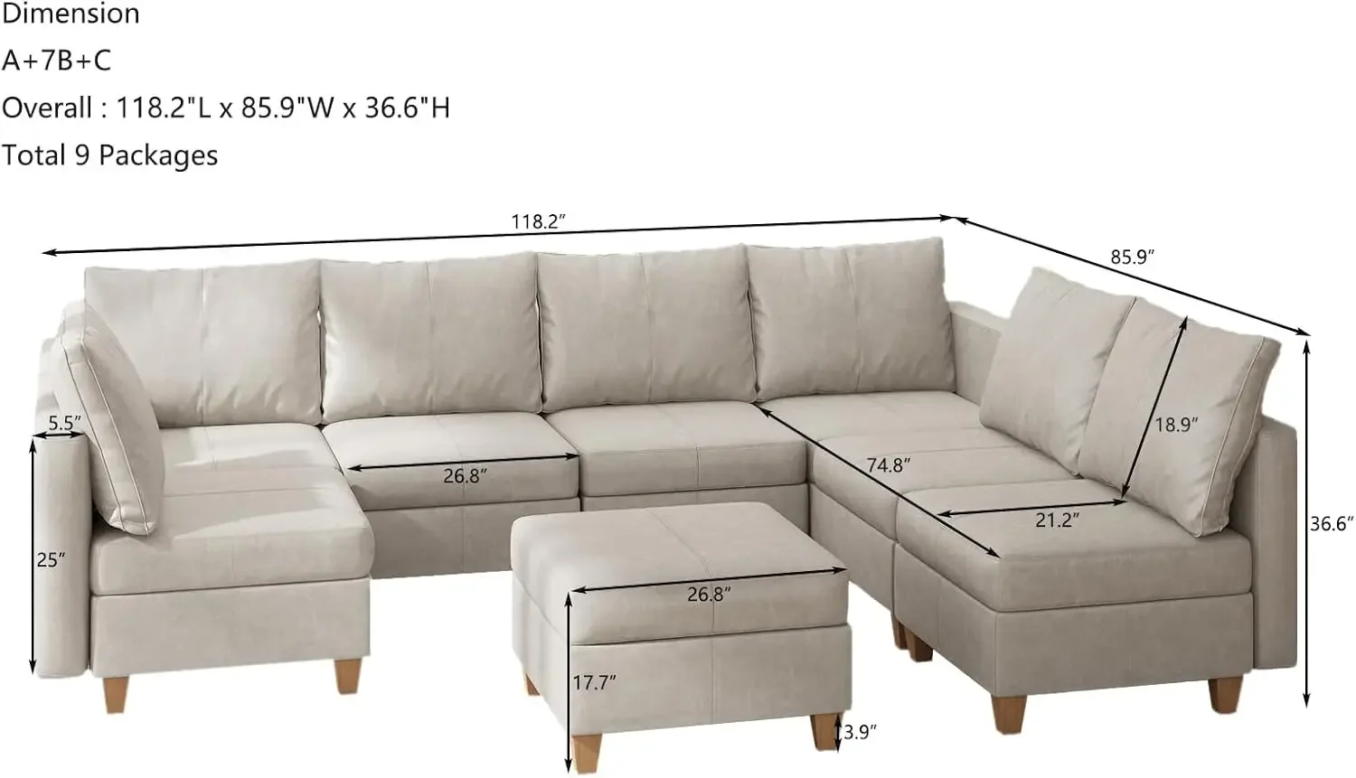 Modular Sectional Sofa with  U Shaped Sectional Faux Leather Sectional Couch Large Sofa,