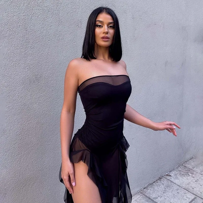 2025 new women's clothing European and American summer sexy babes tube top perspective Korean net splicing jellyfish lace dress