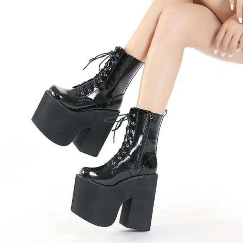 16cm Women\'s Side Zipper Punk Goth Platform Boots Comfy Round Toe Lace Up Shoes Solid Color Comabt Boot Chunky Heels Botas Mujer