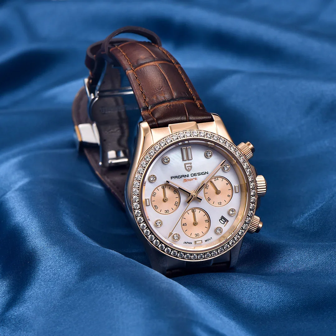 PAGANI DESIGN PD-1730 ساعات نسائية 36 ملم كرونوغراف كوارتز ستانلس ستيل مقاوم للماء ساعة معصم للنساء حزام ساعة جلد