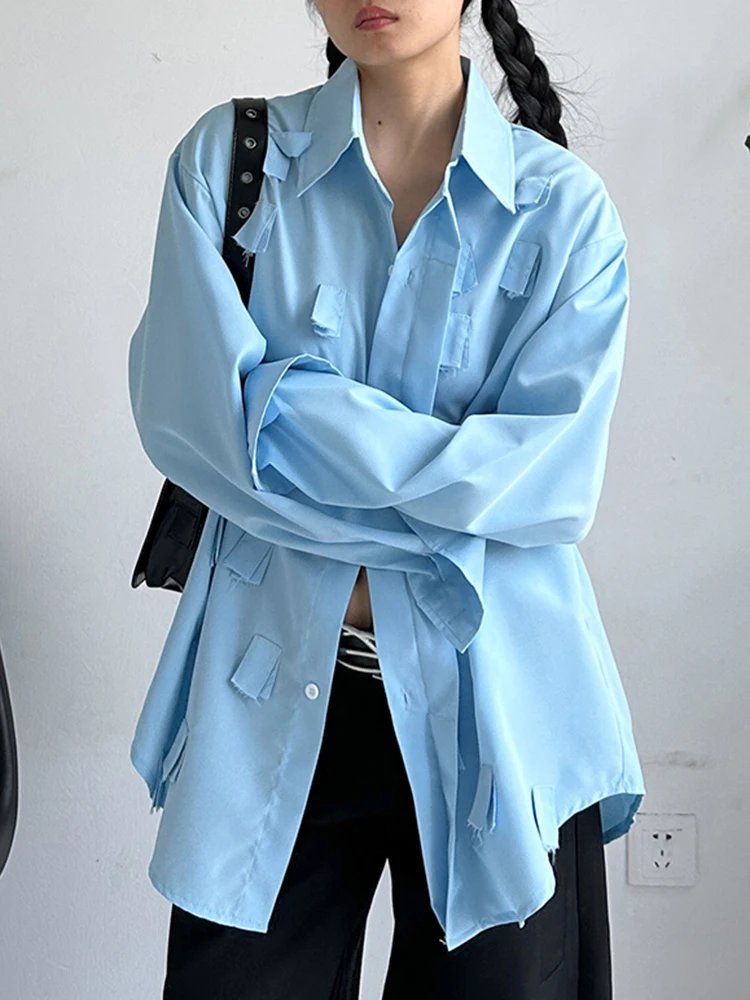 YERMORA White Spliced Tassel Buckle Casual Blouse For Women Lapel Long Sleeve Loose New Shirt Fashion Tide Spring Autumn 2025