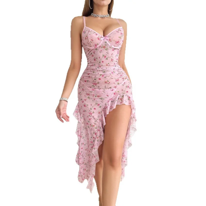 

New Western Sexy Floral Mesh Sling For Women Female Ladies Charming Alluring Attractive Appealing Erotic Slit Dress Nightdress