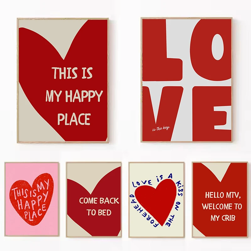 Retro „This Is My Happy Place“-Leinwanddrucke, rote Liebe, Wandkunst, Poster für modernes Wohnzimmer, Schlafzimmer, Schlafsaal und Heimdekoration