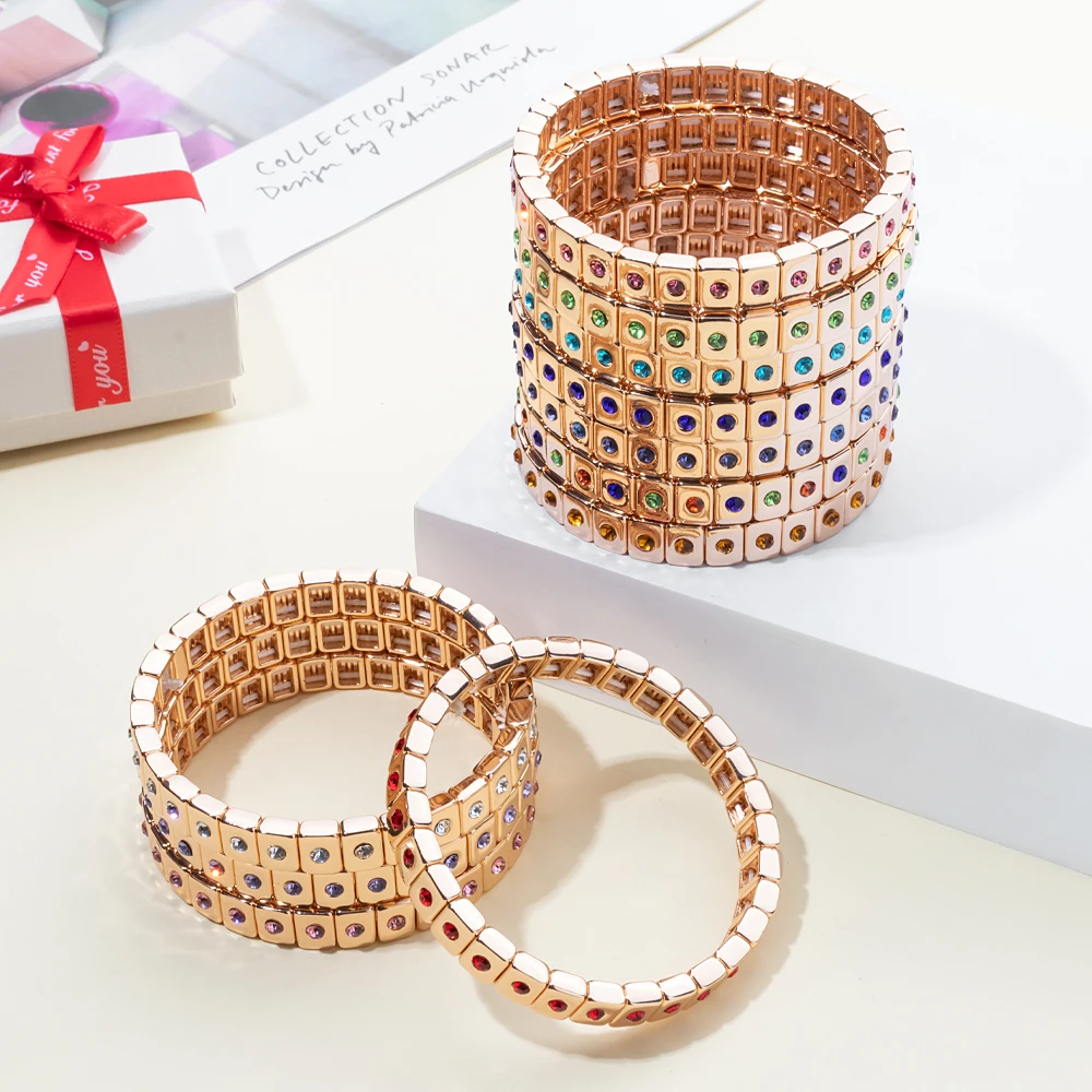 New Fashions Enamel Gold Color Bracelet for Women 6*8mm Bead Elastic Bangle Colorful Zircon Women Accessories 2024 Jewelry