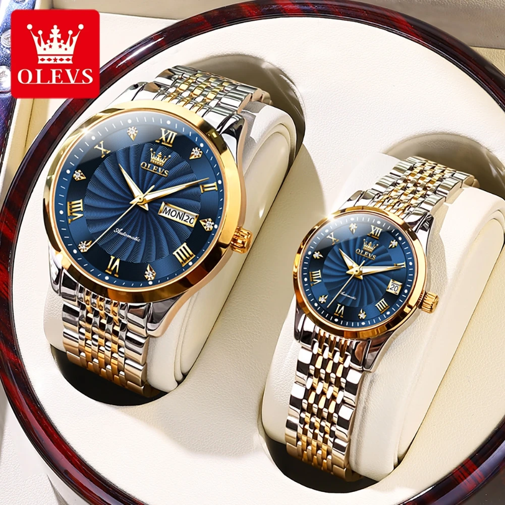 OLEVS Couple Watch Automatic Mechanical Diamond Roman Calendar Wristwatch Fashion Whirlwind Dial Watch Lover Gift His or Her