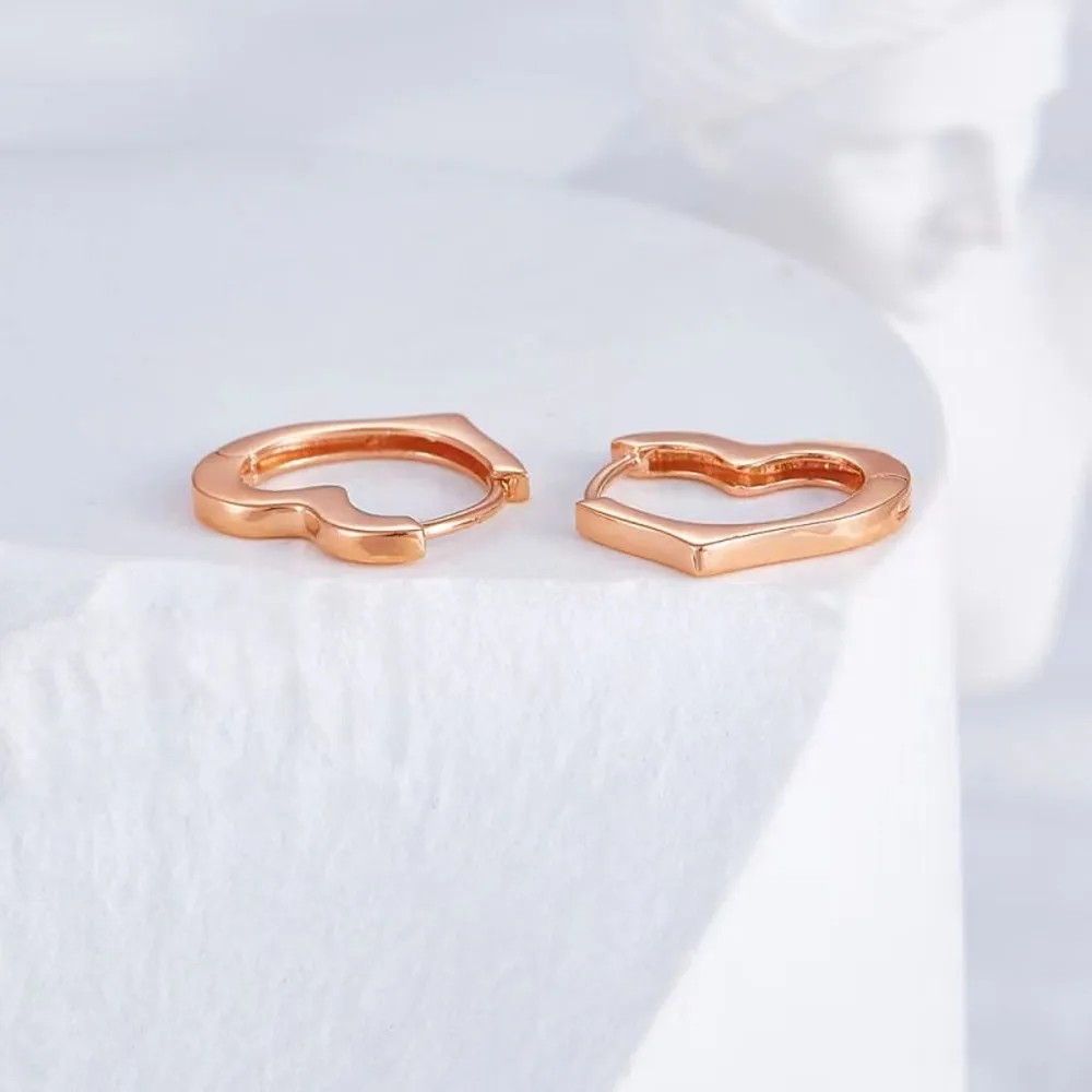 Real Pure 18K Rose Gold Hoop Women Gift Lucky Smooth Glossy Heart Earrings 1.42-1.5g