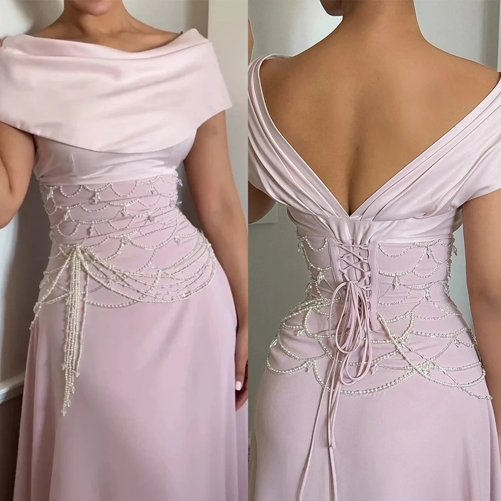 

Light Pink Party Dress Luxury 2026 Pearls Evening Gowns Backless A Line Customized Prom Dress Cap Sleeves Formal Dress