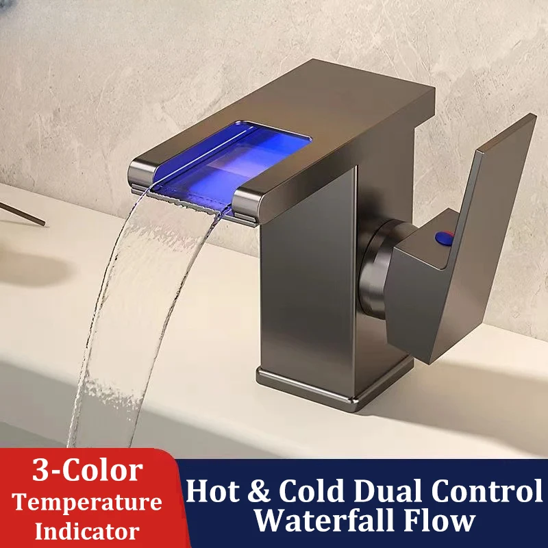 

Трехцветный светодиодный смеситель для ванной комнаты с индикацией температуры, без внешнего питания, с двойным управлением горячей и холодной водой, латунный, для установки на столешницу.