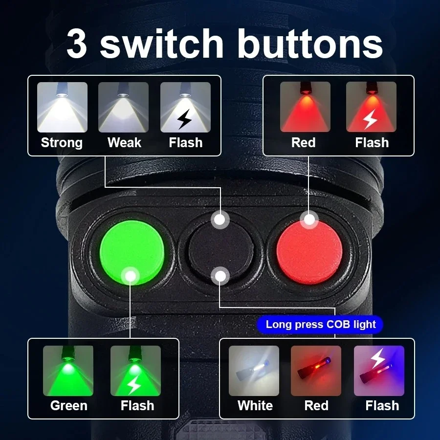 High Power Flashlight White/Red Green Light 3 Colors Multifunctional Rechargeable Zoom Flashlight Outdoor Camping Hunting Torch