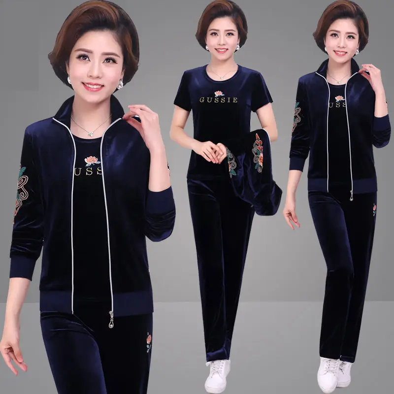 Middle-aged Women Casual Gold Velvet Three-piece Sets Suit Large Size Loose Sportswear Long Coat Tops Mother Clothing Tracksuit