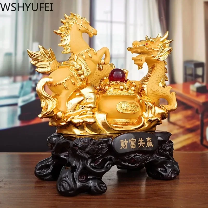 Imagem -02 - Estilo Chinês Dragão Dourado e Cavalo Fengshui Resina Ornamentos Casa Sala de Estar Armário Vinho Decoração Aberto Presente