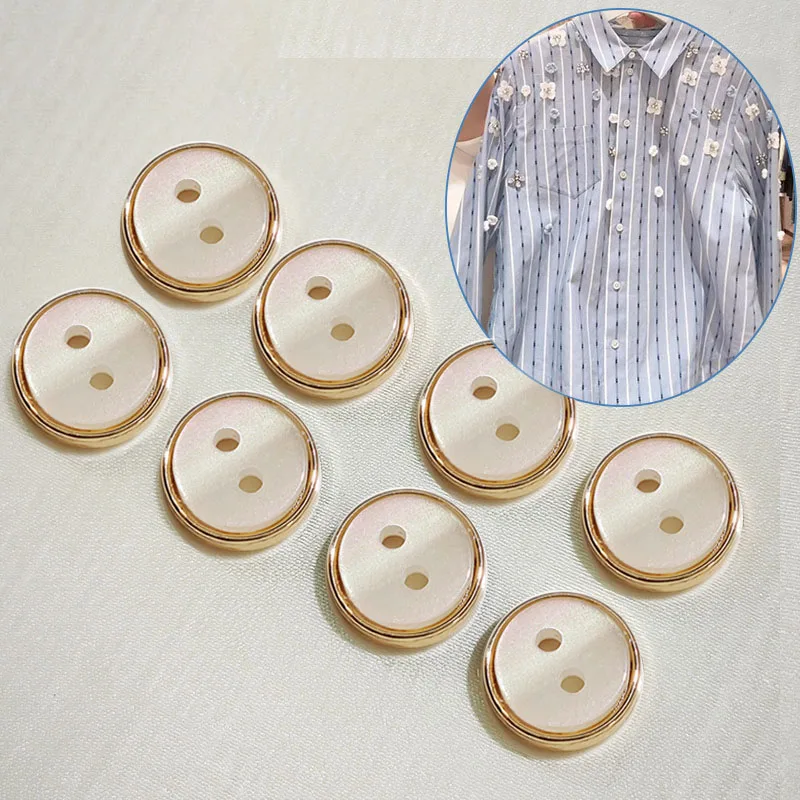 2-Hole Mother of Pearl Shell Buttons, Gold Plated Edge Round Sewing Buttons for Shirts, Blouses,DIY Clothing Decor Sewing Button
