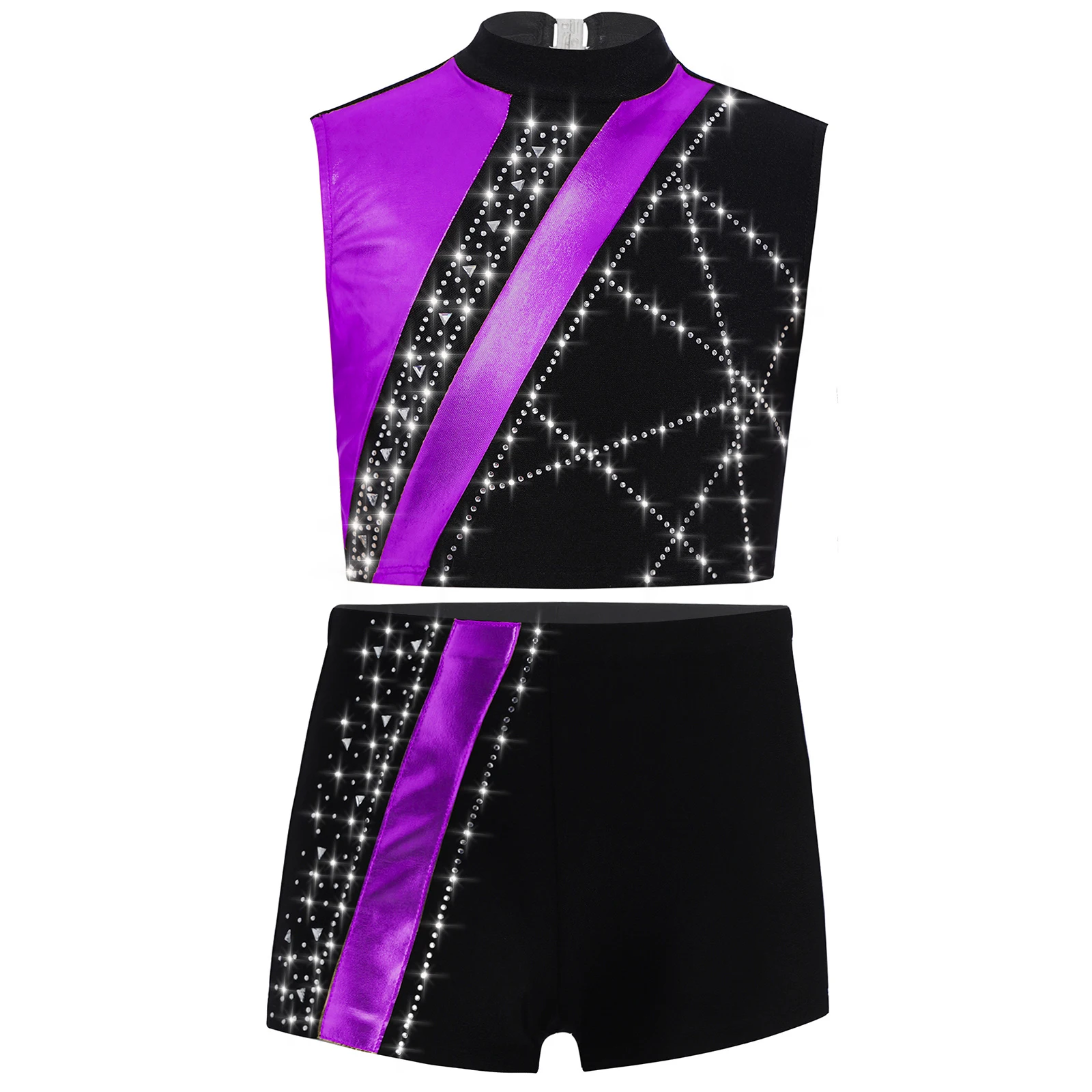 

Kid Girl Gymnastics Outfit Ballet Skating Dance Performance Set Sleeveless Cutout Back Stylish Rhinestones Crop Top+Shorts Suits