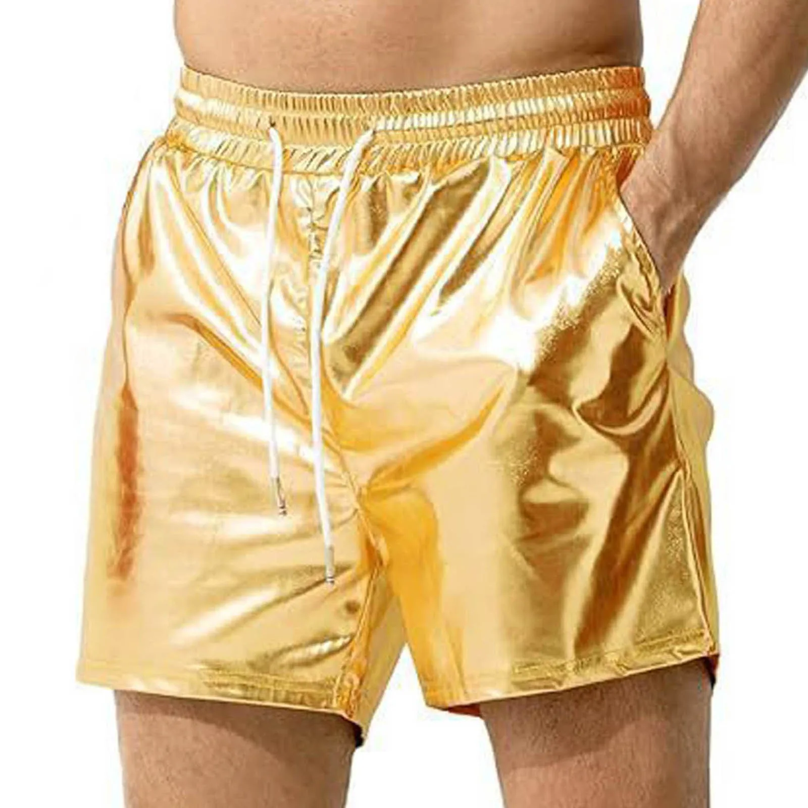 Men Glossy Surface Shorts Elastic Waist Adjustable Drawstring Wide Leg Shorts Beach Casual Sparkling Men Shorts Pants Streetwear