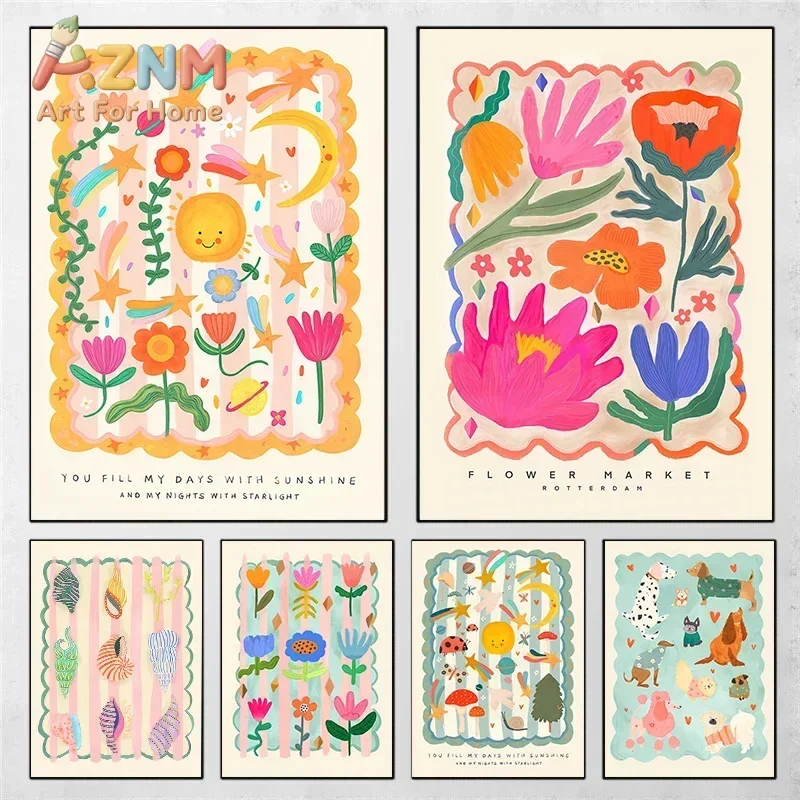 AZNM Colorful Flower Market Canvas Wall Art Frameless Canvas Print Sun Moon Shell Dog Art Poster for Girls Bedroom Nursery Home