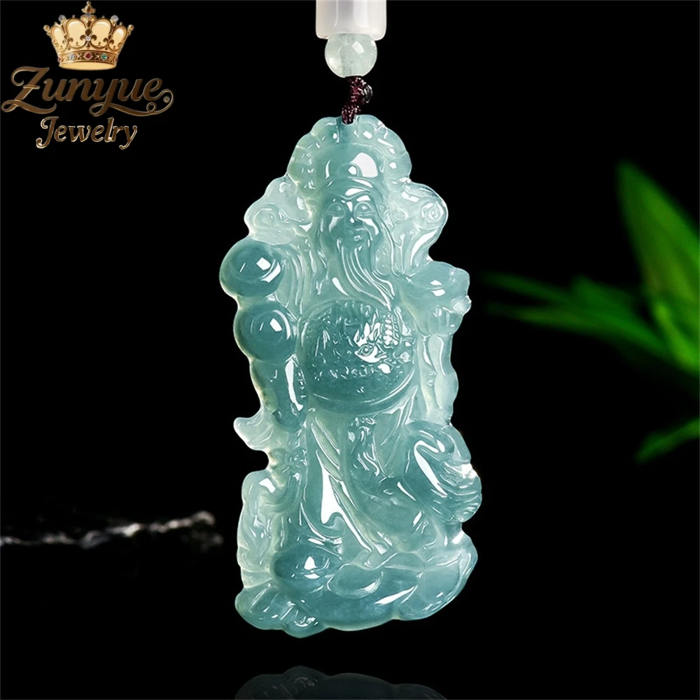 

Genuine Natural A - Grade Jadeite Blue Water Welcoming Fortune And God Of Wealth Pendant Luxury Quality Jewelry Fashion Jewelry