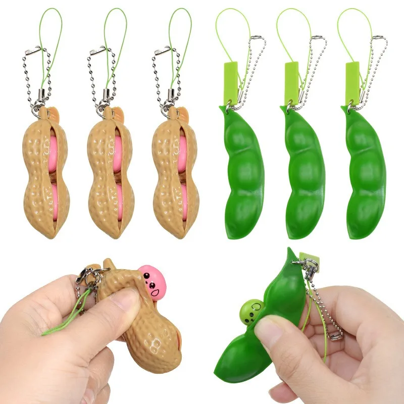 Funny Soybean Pea Pod Fidget Toy Squishy Sensory Stress Relief Keychain Soft Squeeze Bean for Anxiety, Cute Desk Pop-it Toy Gift