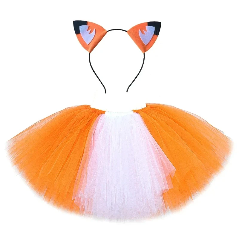 Fox Tutu Skirt Baby Girls White Orange Outfit for Kids Birthday Halloween Costumes Children Animal Fluffly Tutus with Ears Tail