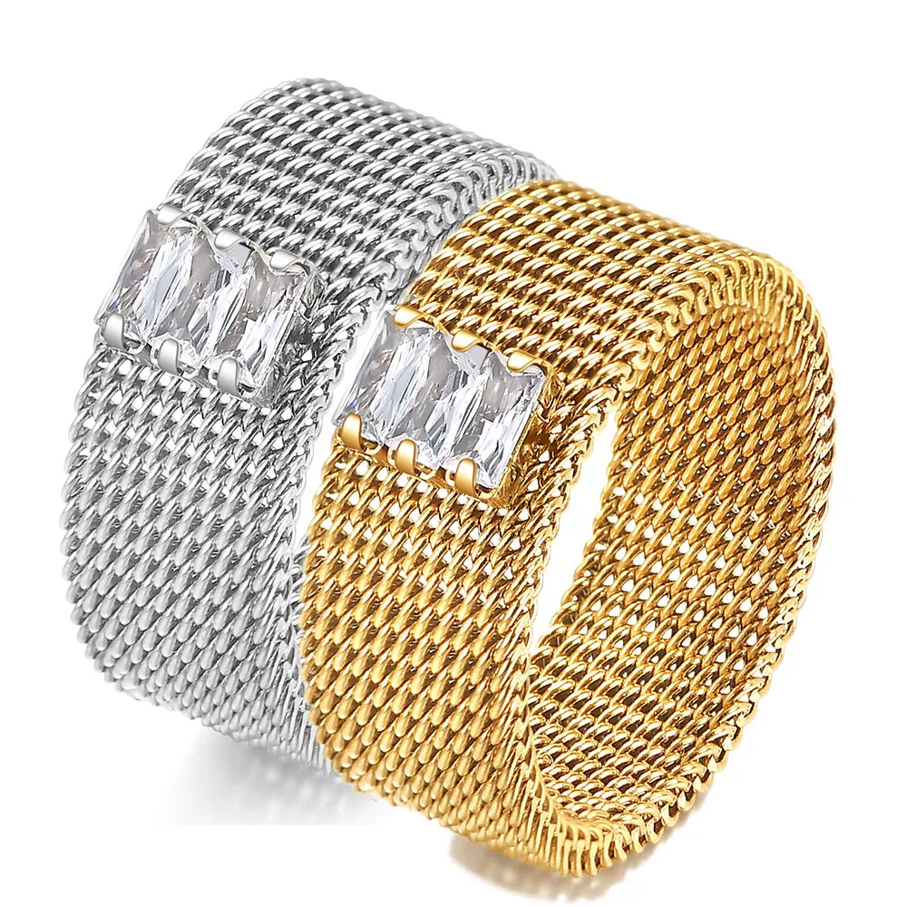 VQYSKO 8 mm Mesh-Diamant-Intarsienring aus Edelstahl mit breitem Titanstahlband