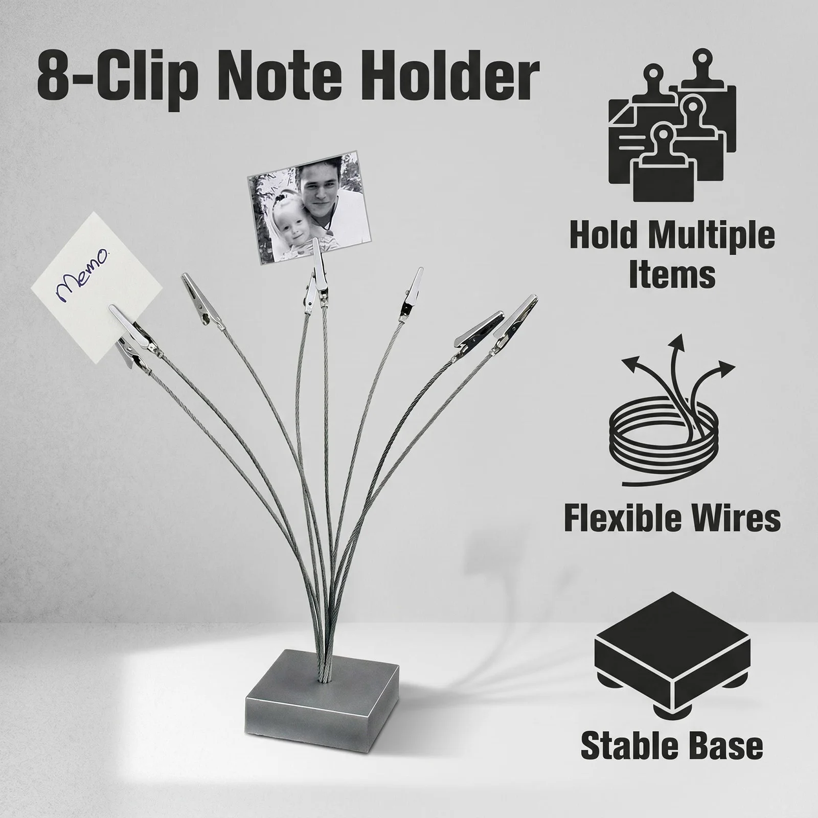 Clip per foto multifilo con base in argento Boxy Porta promemoria a 8 rami Morsetti per carte da tavolo Organizzatore da scrivania Espositore per esposizioni
