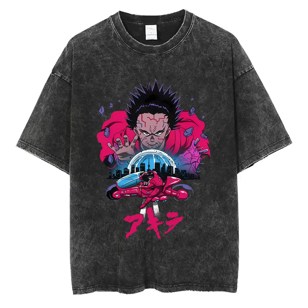 Washed Vintage Anime Akira Graphic T Shirt Shima Tetsuo Shotaro Kaneda Manga T-shirt Men Women Casual Retro Oversized T-shirts