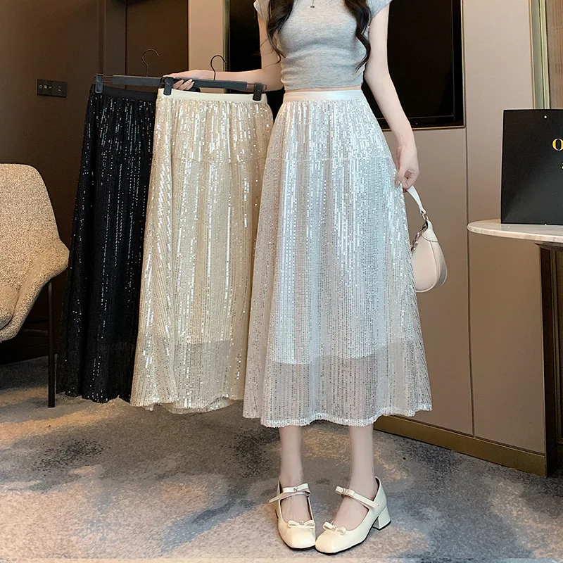 

French Sequined Skirt for Women Spring and Summer 2024 High Waist A-line Skirt Shiny Mid-length Skirt