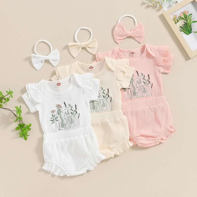 

Lioraitiin Summer Baby Girl Outfits Flower Embroidery Ribbed Short Sleeve Rompers Solid Color Shorts Headband 3Pcs Clothes Set