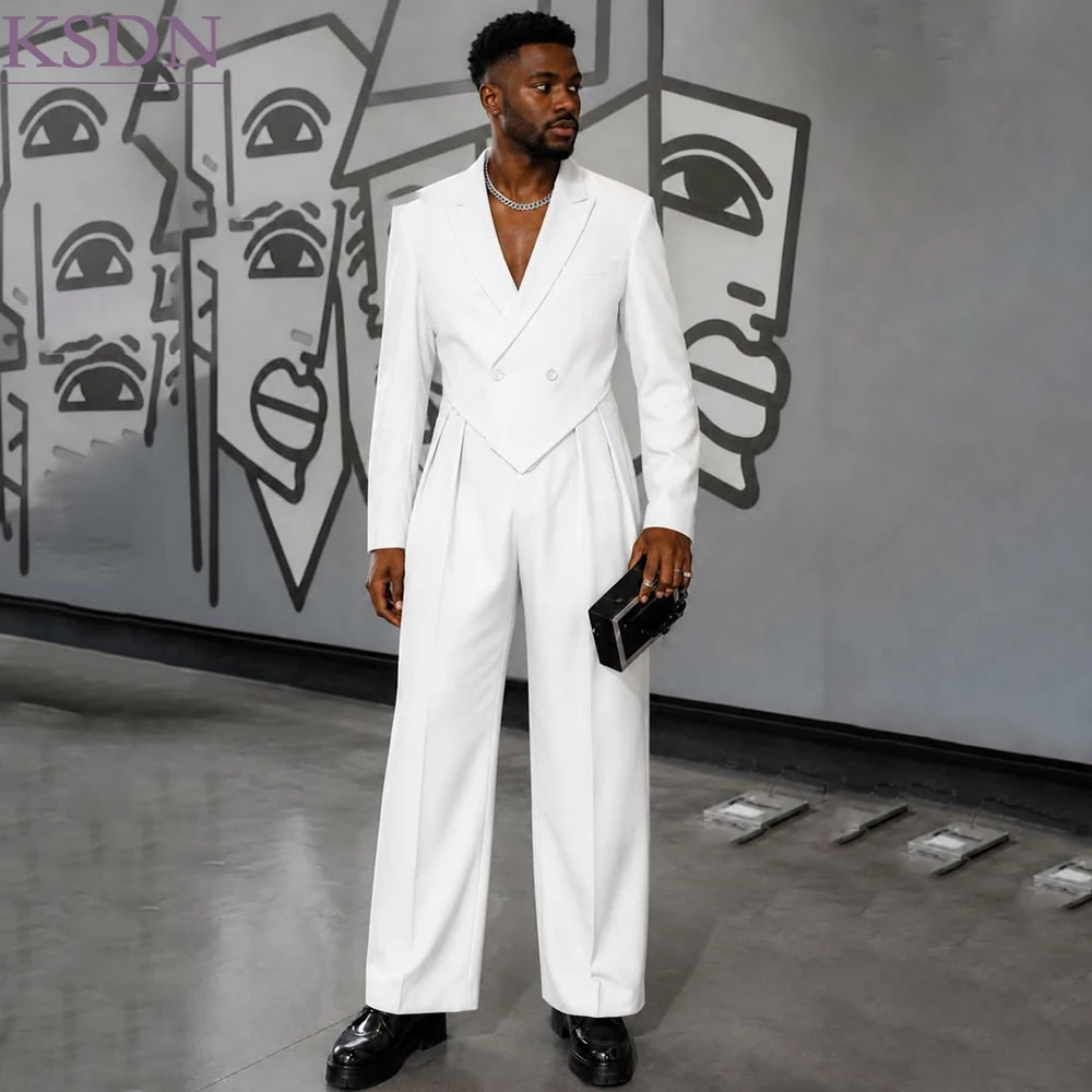Designer White Men's Suits Fashion Trendy Customized Double Breasted Peak Lapel Slim Fit 2 Piece Jacket Pants Formal Wedding Set