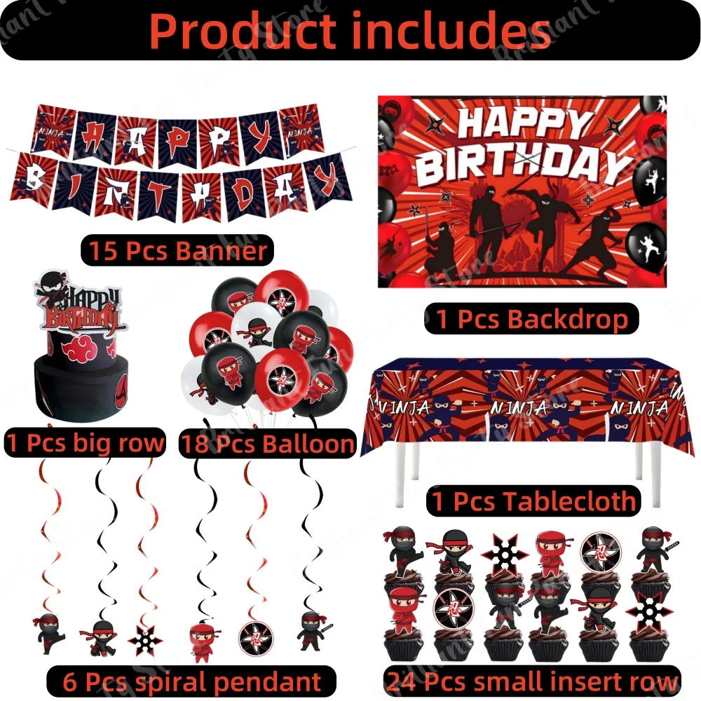 66Pcs Ninja Birthday Decoration Ninja Warrior Party Latex Balloon Banner Cake Topper Backdrop Tablecloth Supplies Kids Gift Set