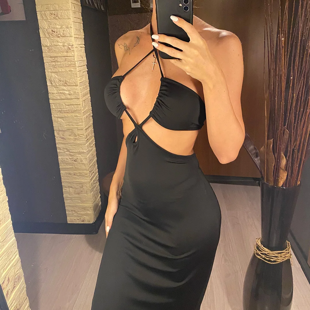 2026 Sexy Cut-Out Neckholder Rückenfreies Langes Kleid Tunika Strandkleid Strandmode Strandüberwurf Damen V6110 – Detail 7