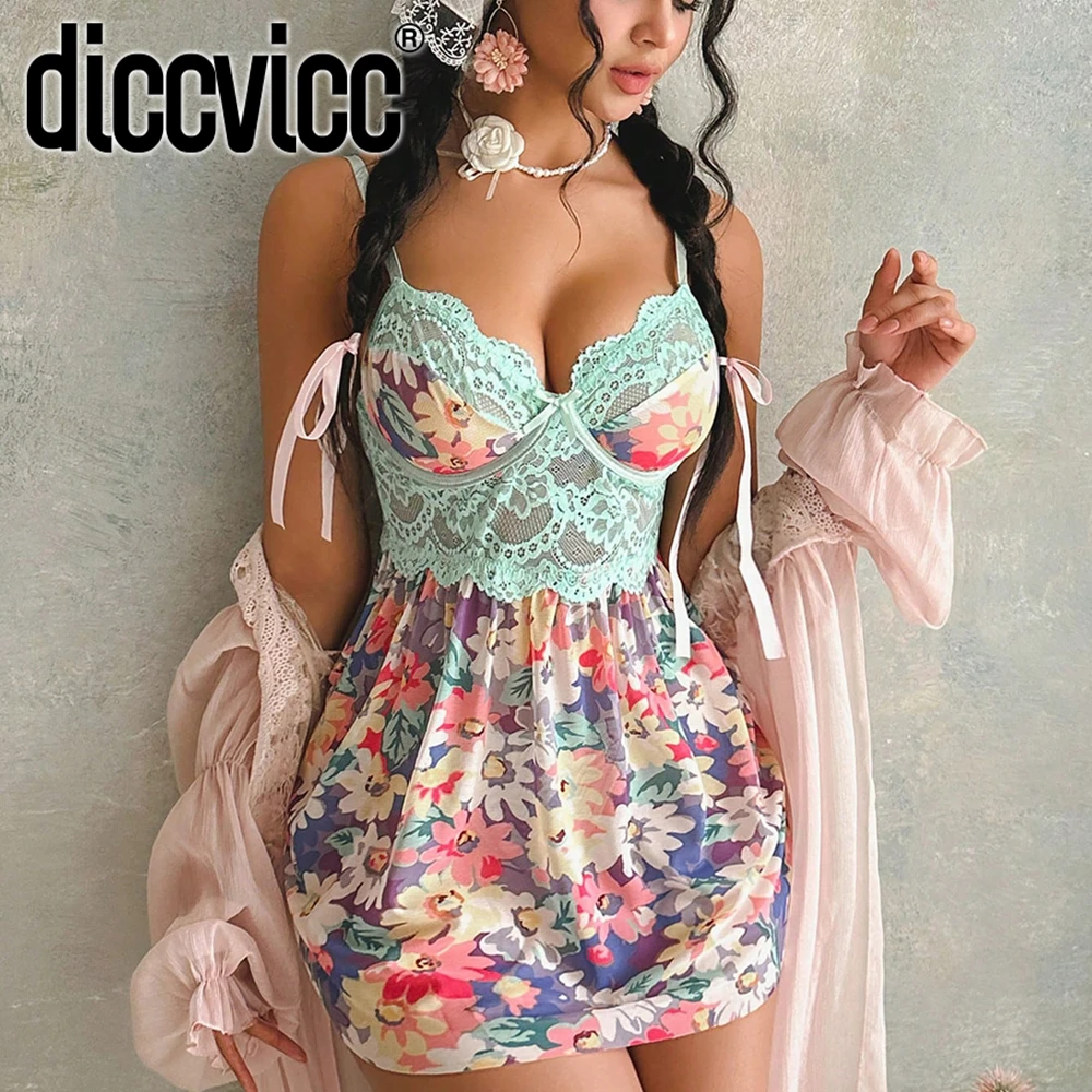 

Diccvicc Fancy Print Floral Night Dress Sexy Lace Bra Romantic Underwear Panty Set Vintage Women Sleepwear Exotic Body Apparel