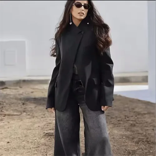Imagen 2 del producto Chaqueta de traje gris y negra para mujer, cuello alto con bolsillos asimétricos, estilo urbano vintage, chaqueta de mujer para la primavera de 2026