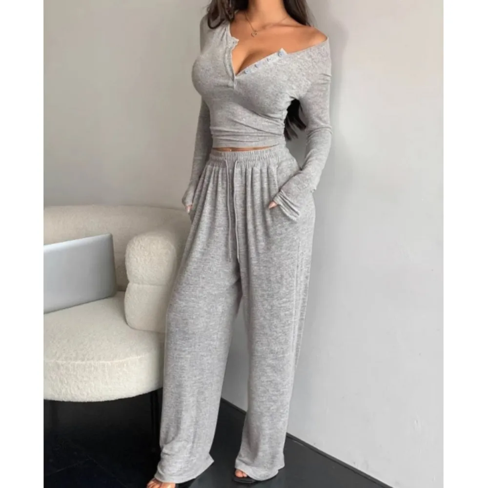

Bottoming Shirt T-shirt Wide-leg Pants Two-piece Set Spring New V-neck Single-breasted Long-sleeved Solid Color Casual Pant Suit