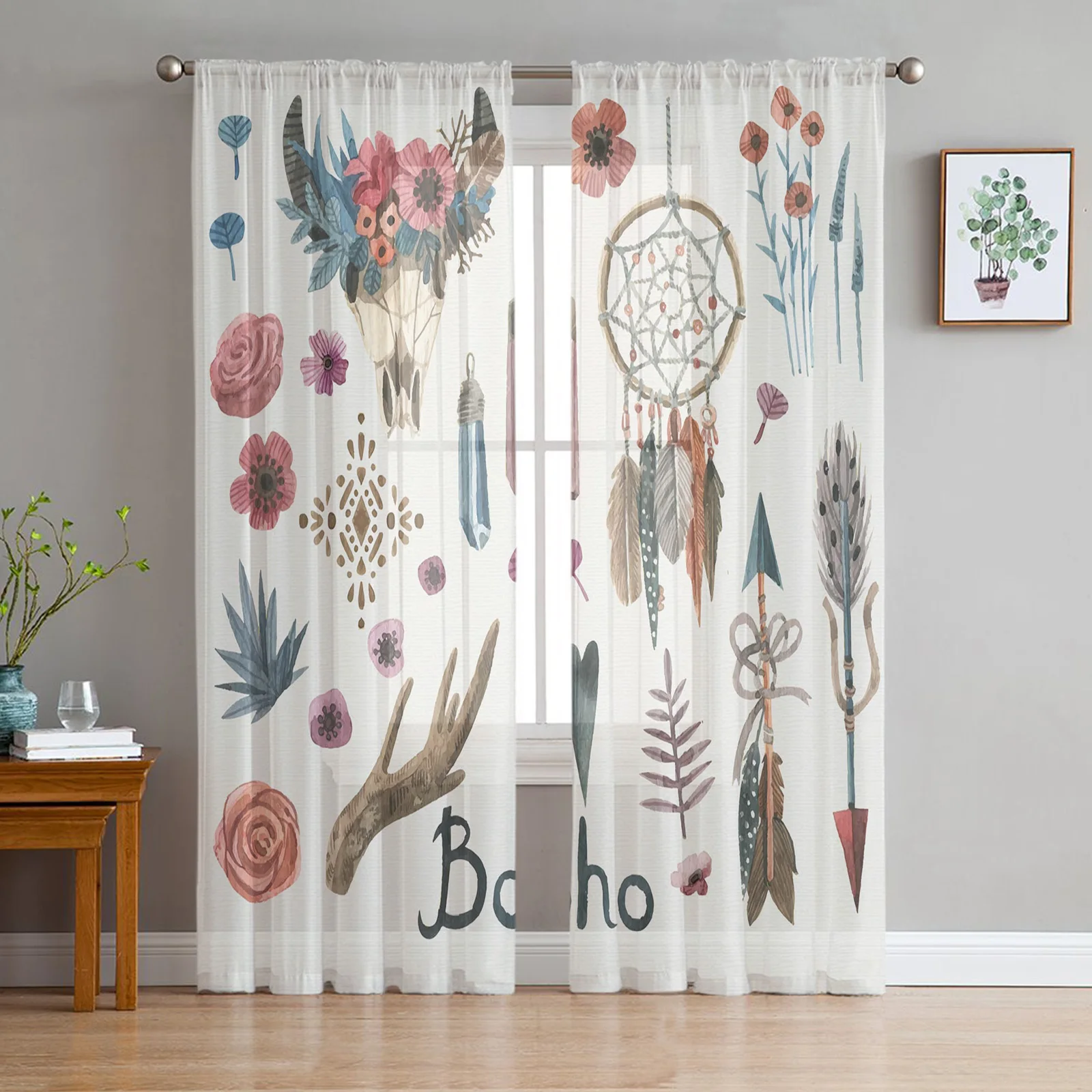 

Flower Arrow Dream Catcher Sheer Curtain for Living Room Hall Wall Dress Up Home Window Supplies Pop Print Tulle Curtains