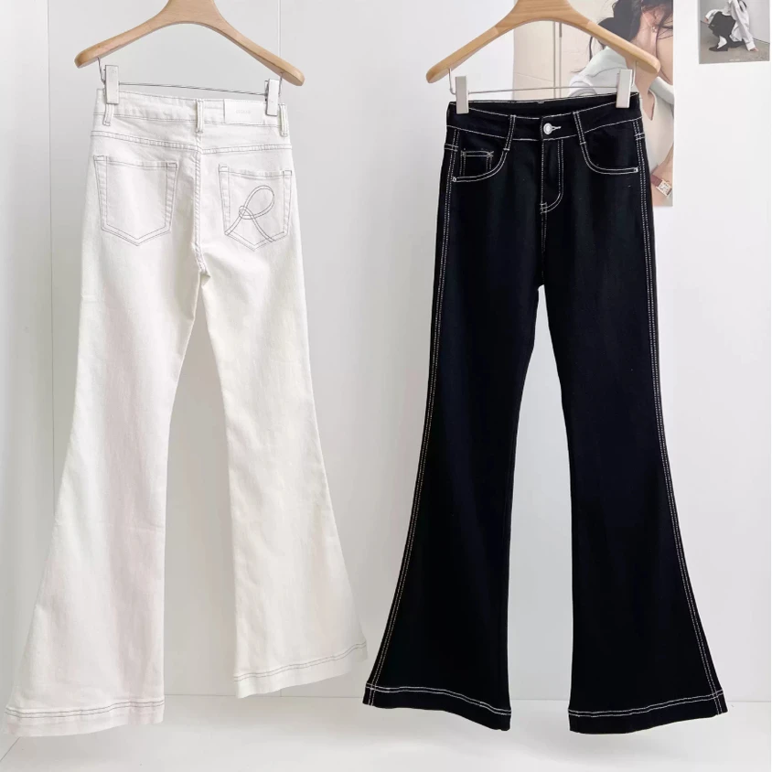 High Waist Bell Bot Embroidered Denim Jeans Women's Spring Summer Autumn Faion Sli Slim Fit Long Pants