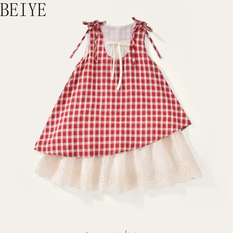 Girls Red Plaid Spaghetti Strap Dress Bow Tie Shoulder Double Layer Lace A-line Sundress Kids Summer Casual Farm Holiday Outfit