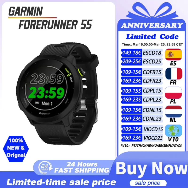 Montre GPS Garmin Forerunner 55, montre de course avec entraînements suggérés quotidiens, jusqu'à 2 semaines d'autonomie de la batterie, montre connectée