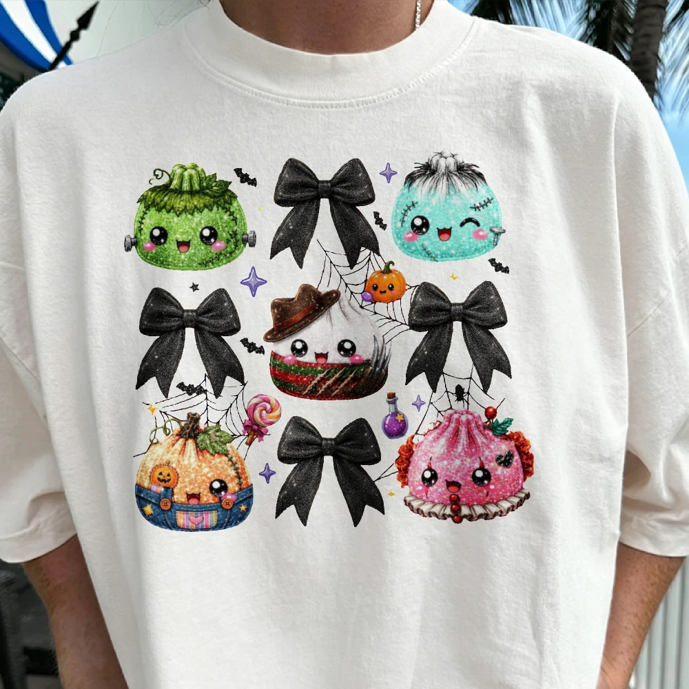 Halloween Coquette Bow Cute Dumpling Monster Graphic T-shirt Kawaii Frankenstein Mummy Clown Pumpkin Bat Spider Web Print Tees