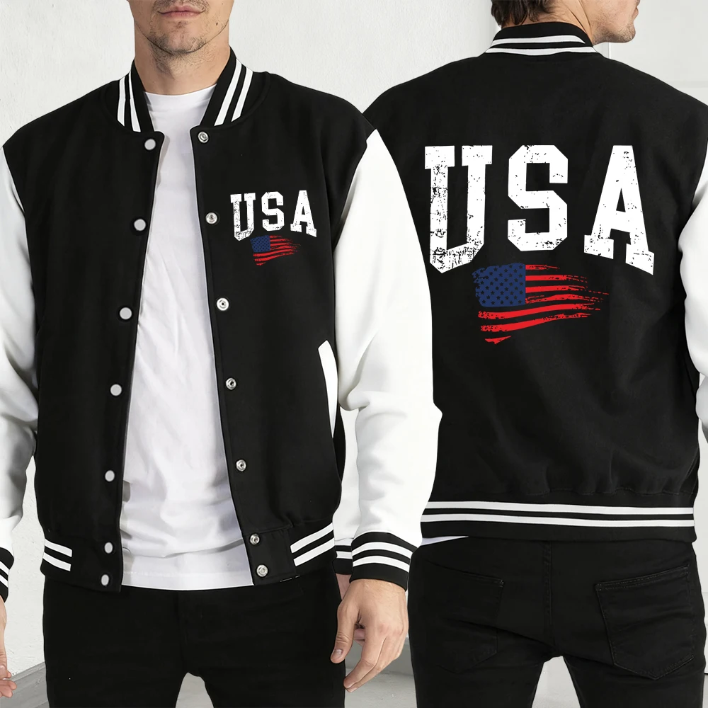 

Usa Fluttering National Flag Print Man Jacket Loose Hip Hop Baseball Jersey Fleece Button Coats Unisex Autumn Casual Clothes