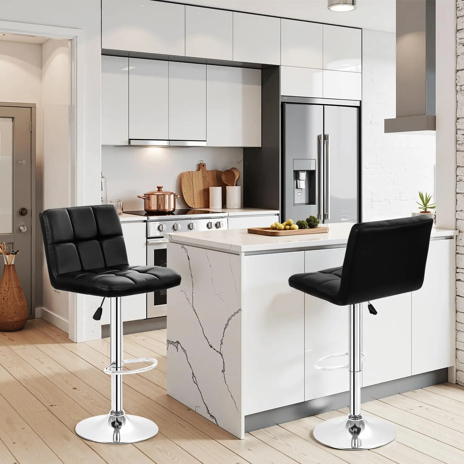 Bar Stools with Backrest | Black, Set of 2 | PU Leather | Counter High Armless Island Chairs with Height Adjustment, 360 Swivel & Footrest | For Home, Bars, Kitchen, Restaurants