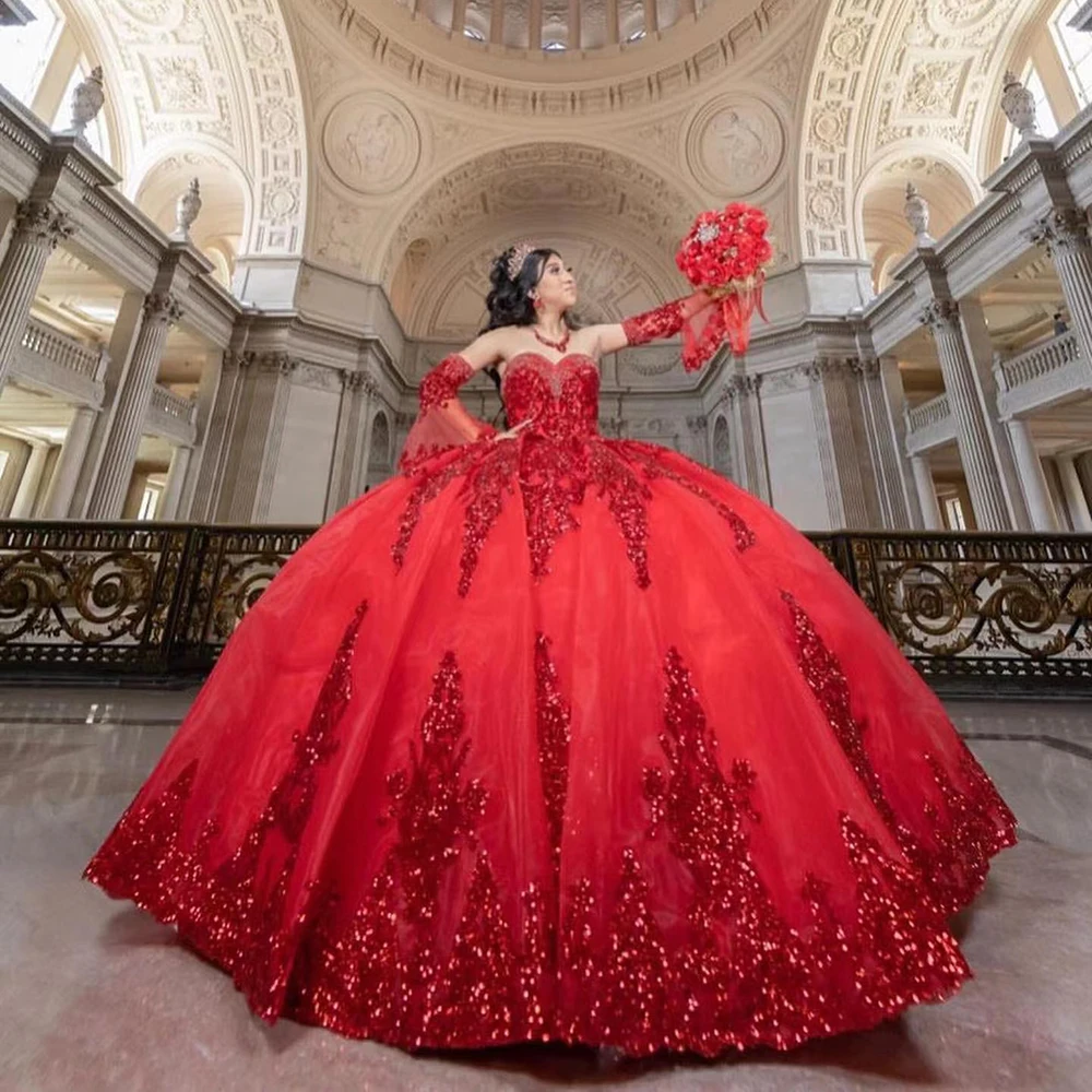 Vermelho brilhante quinceanera vestidos com mangas removíveis vestido de baile 15 años mexicano meninas doce 16 vestido de festa de aniversário